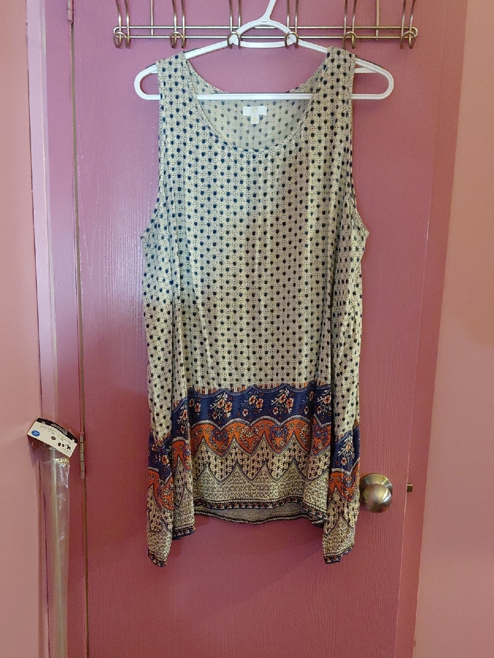 C Boho Midi Sleeveless Dress in Cream, Blue and Orange